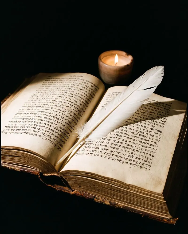 Altes Buch mit hebräischer Schrift und weißer Feder